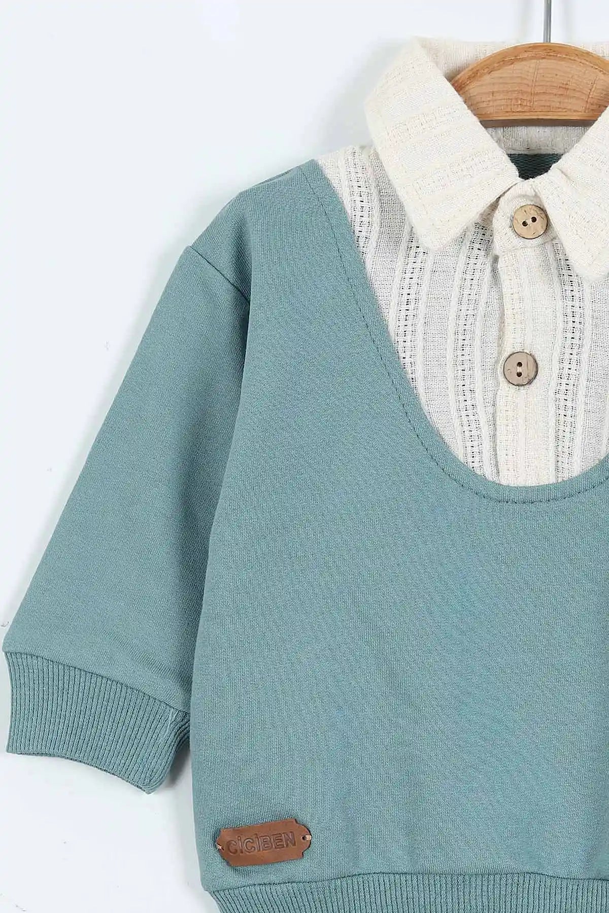 Teal & Cream Knitted Baby Outfit – Layered-Look Top with Buttons & Ribbed Pants Set