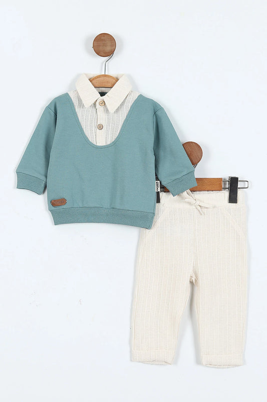 Teal & Cream Knitted Baby Outfit – Layered-Look Top with Buttons & Ribbed Pants Set