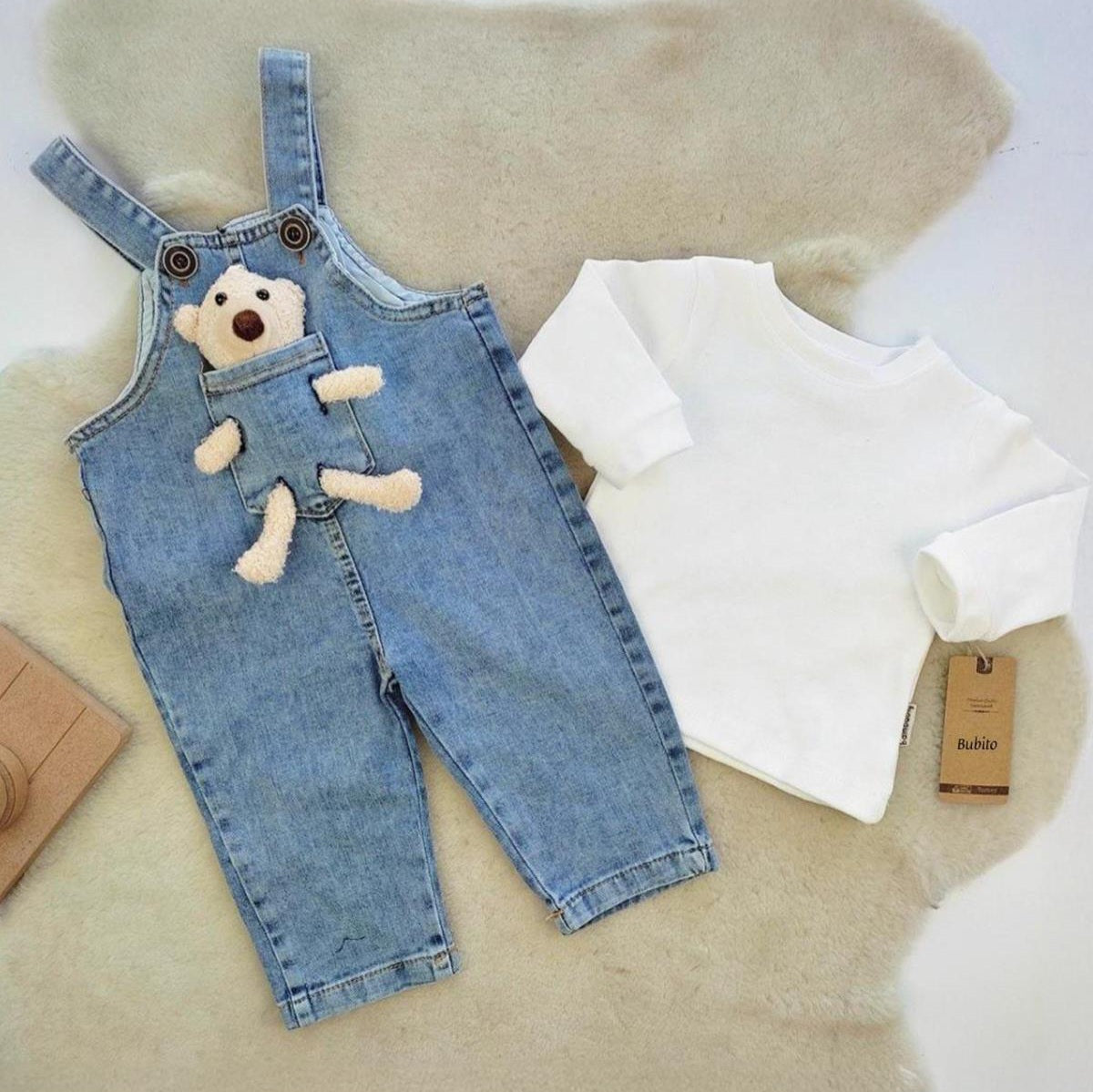 “Bear Pocket” Baby One-Piece – Denim Overall Style with Striped Sleeves & Plush Toy Detail