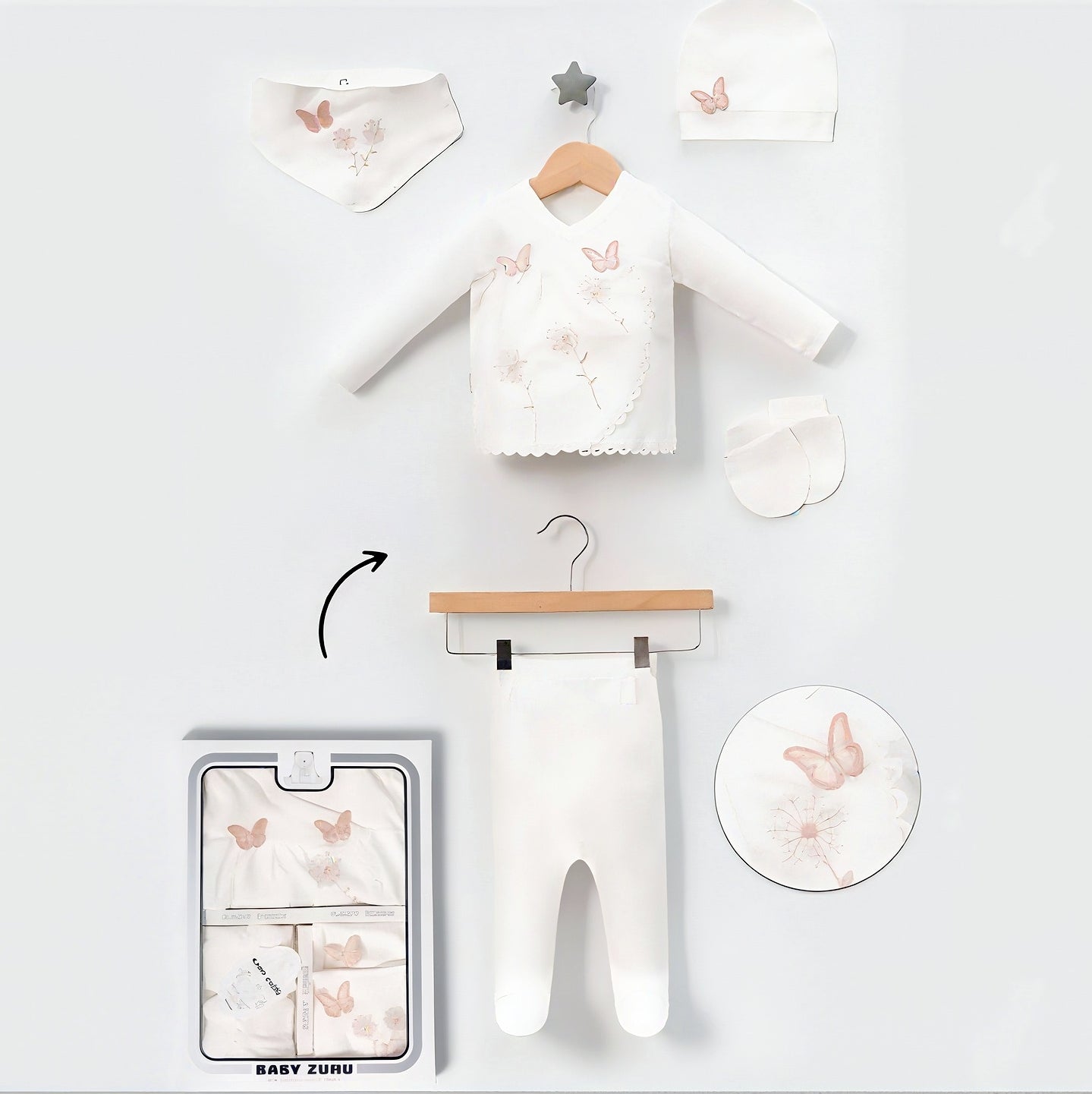 White & Pink Butterfly Baby Gift Set – 5-Piece Newborn Outfit with Hat, Mittens & Bib