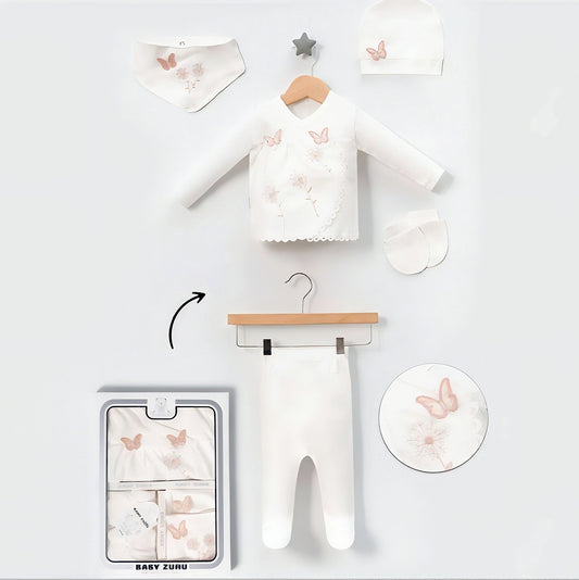 White & Pink Butterfly Baby Gift Set – 5-Piece Newborn Outfit with Hat, Mittens & Bib