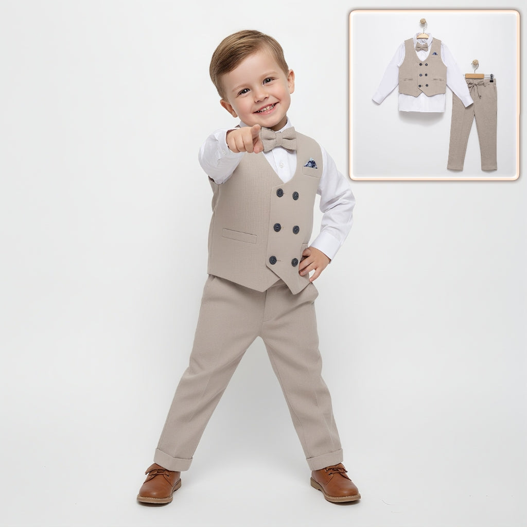 Beige Boys Formal Suit – 4-Piece Set with Gilet, Shirt, Pants & Bow Tie