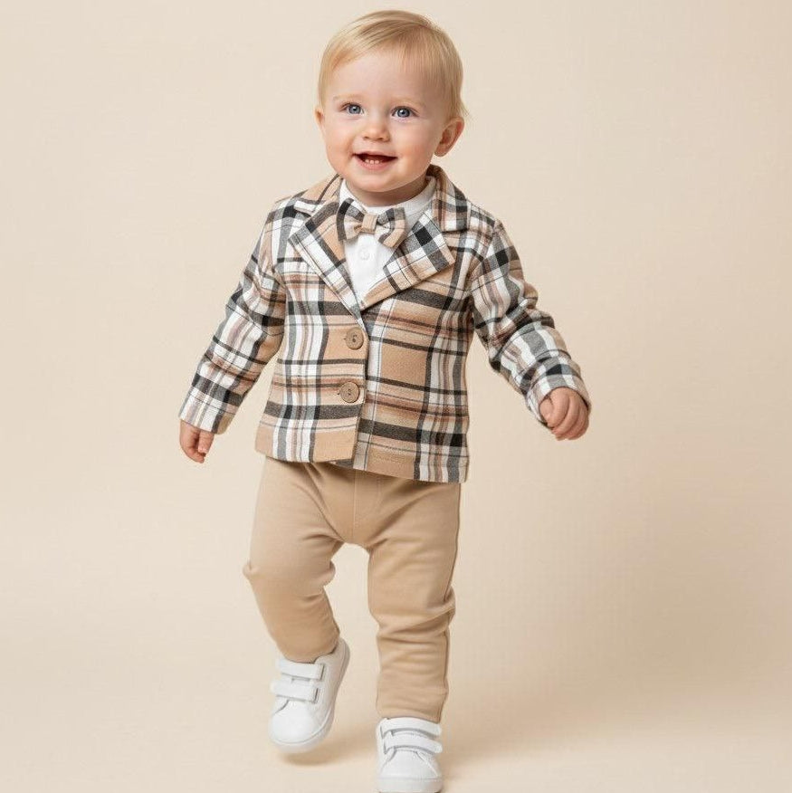 Plaid Baby Boy Outfit – Beige Checkered Jacket, Bow Tie & Pants Set with White Shirt