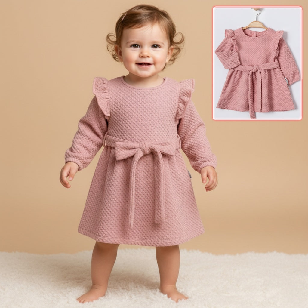 Pink Waffle-Knit Baby Dress – Long Sleeve Belted Outfit with Ruffled Shoulders