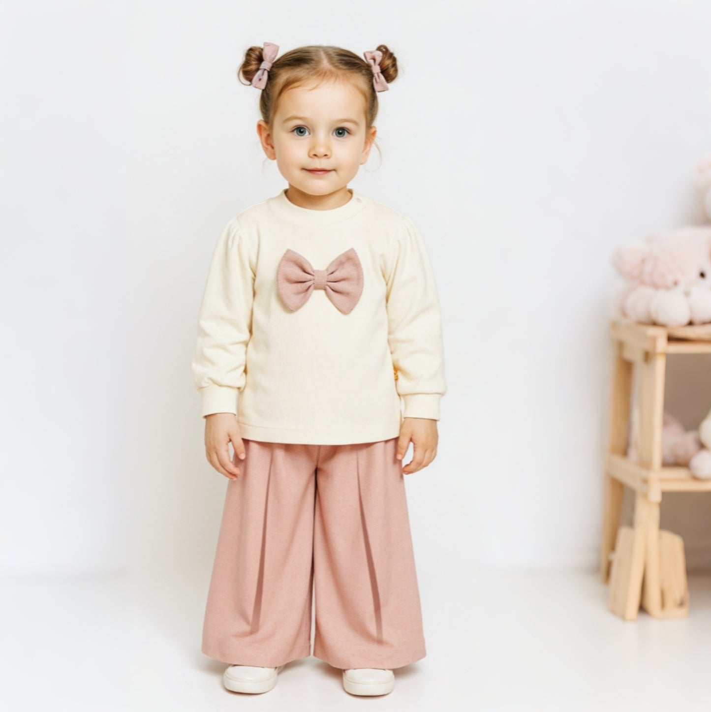 Cream & Blush Pink Baby Girl Outfit – Bow Accent Top with Pleated Palazzo Pants