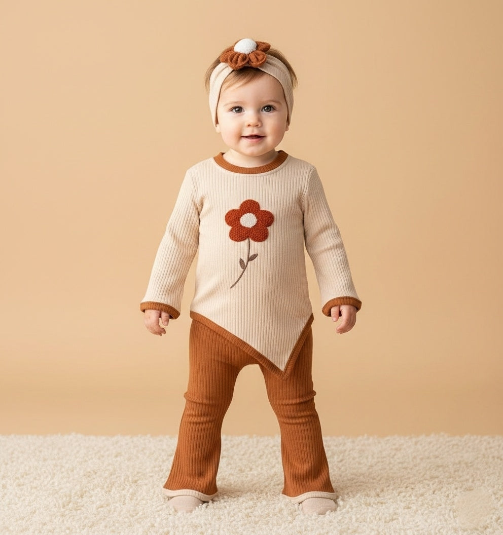 Beige & Brown Baby Girl Outfit – Ribbed 3-Piece Set with Red Flower Top, Pants & Headband