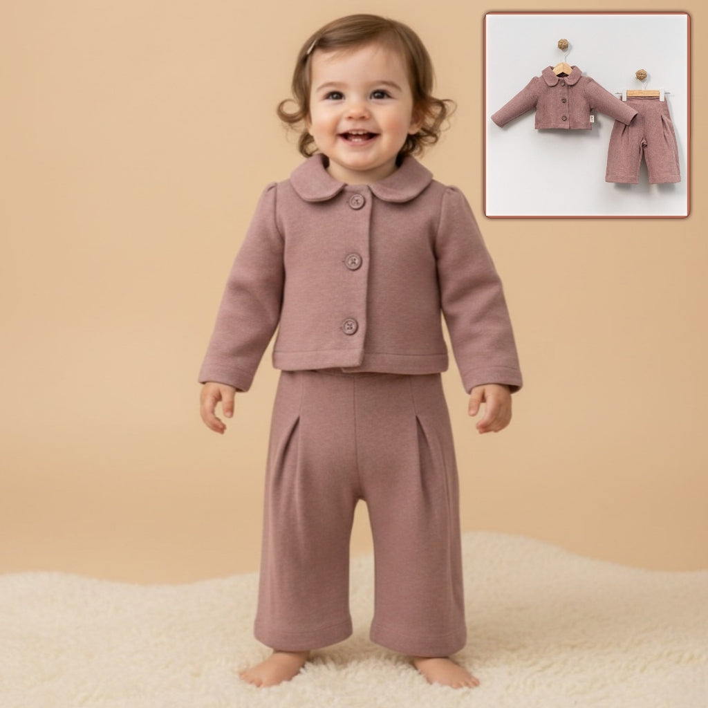Muted Mauve Toddler Outfit – Soft Textured Jacket & Pleated Pants Set for Fall/Winter
