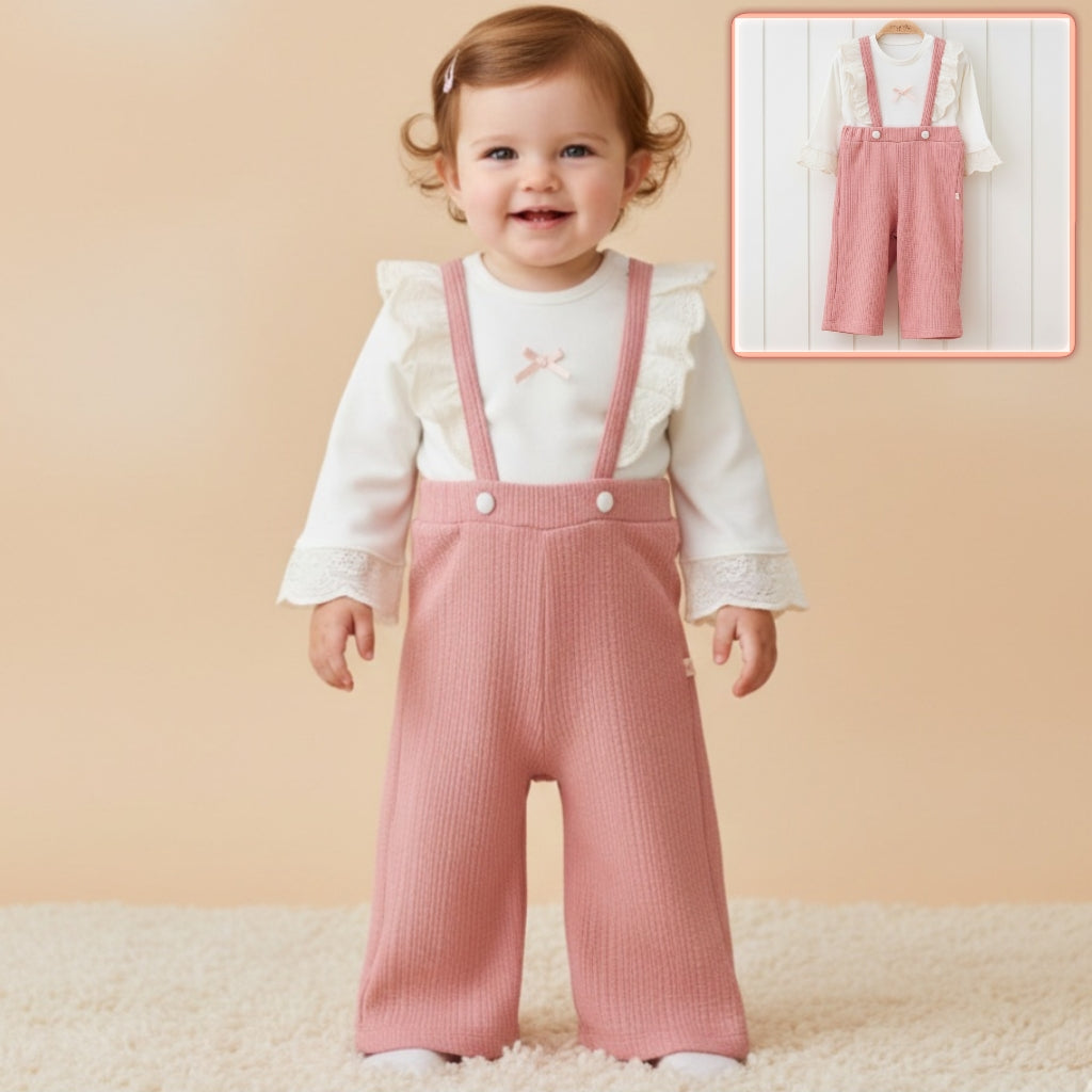 White & Pink Baby Girl Outfit – Lace Ruffle Top with Textured Suspender Pants