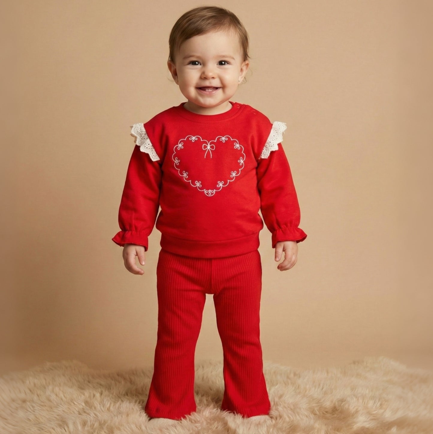 Red Baby Girl Outfit – Heart Motif Top with Lace Ruffles & Flared Ribbed Pants