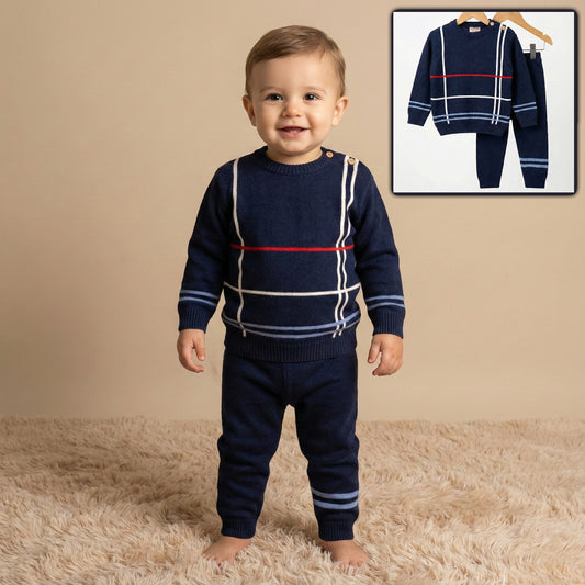 Navy Knitted Baby Outfit – Grid Sweater & Pants Set with Light Blue Accents