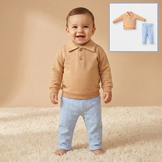 Light Brown & Blue Baby Outfit – Polo Shirt with Buttons & Ribbed Drawstring Pants