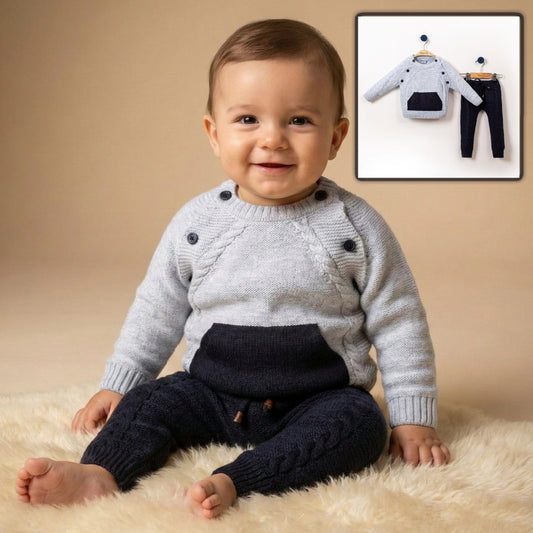 Gray & Navy Knitted Baby Outfit – Sweater with Pocket & Cable-Knit Pants Set
