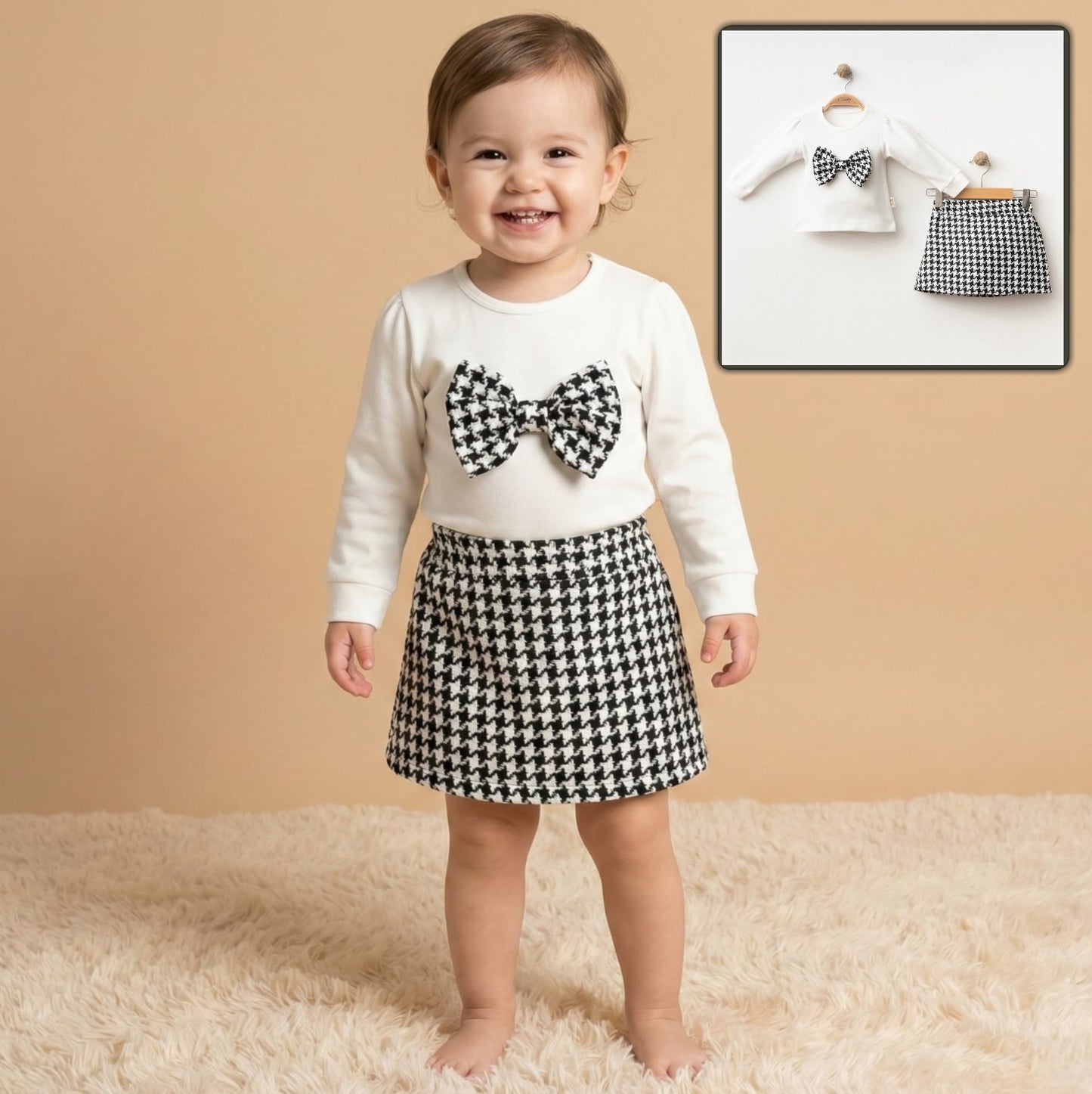 White & Houndstooth Baby Girl Outfit – Bow Detail Top & Matching Skirt Set