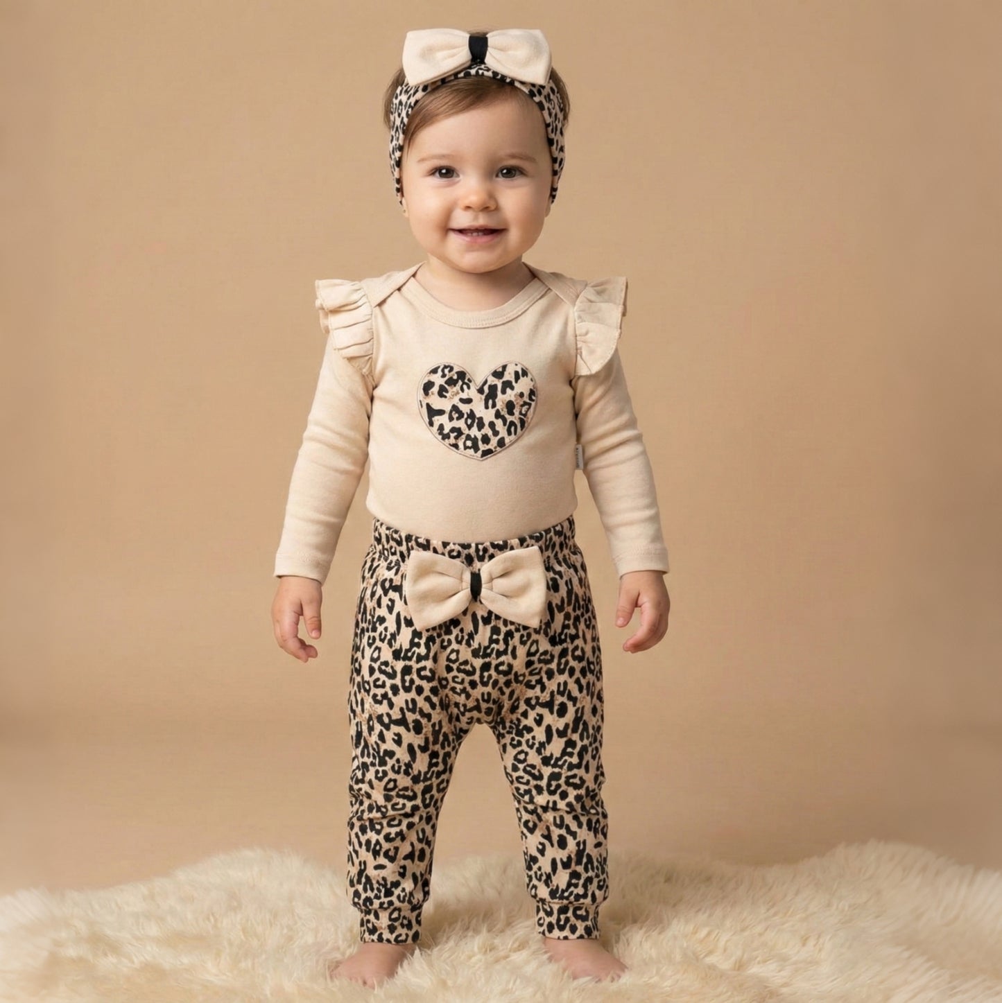 Beige & Leopard Print Baby Girl Outfit – Ruffle Onesie, Bow Pants & Matching Headband Set