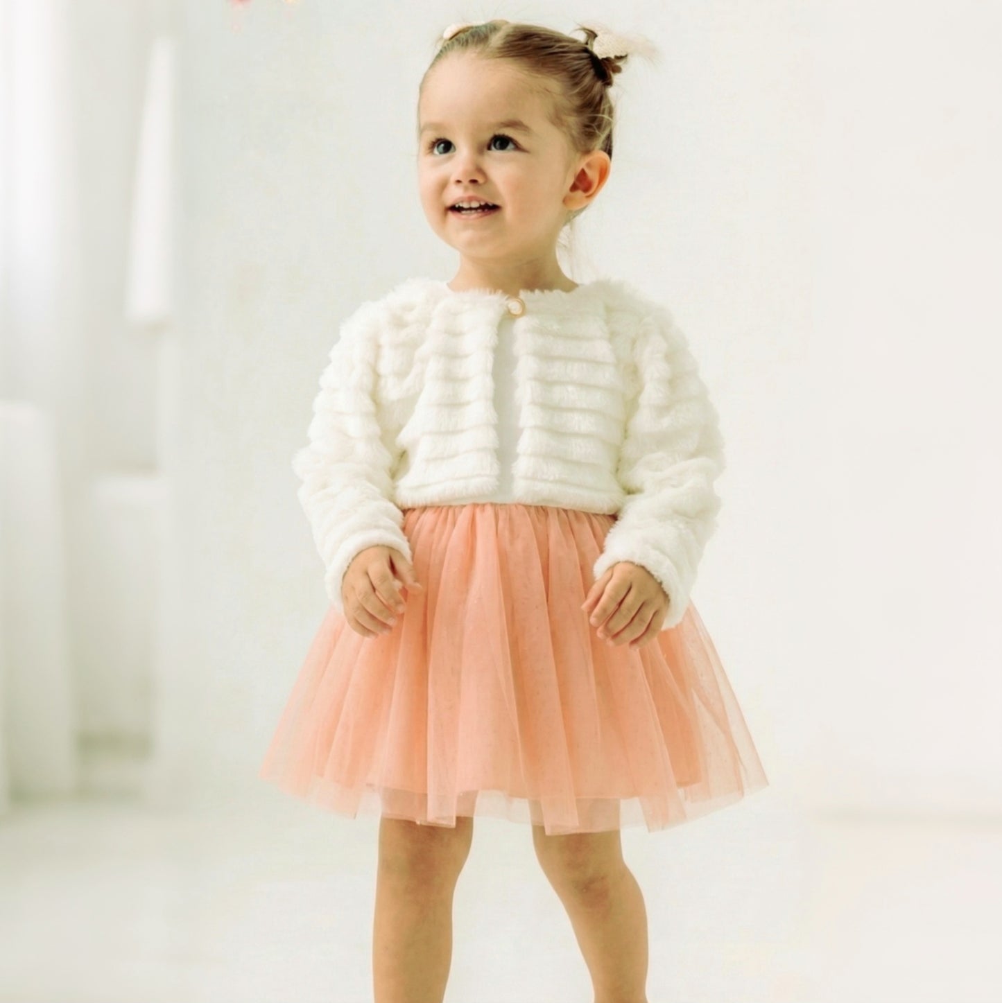 White Faux Fur & Peach Tulle Baby Dress – Long Sleeve Special Occasion Outfit