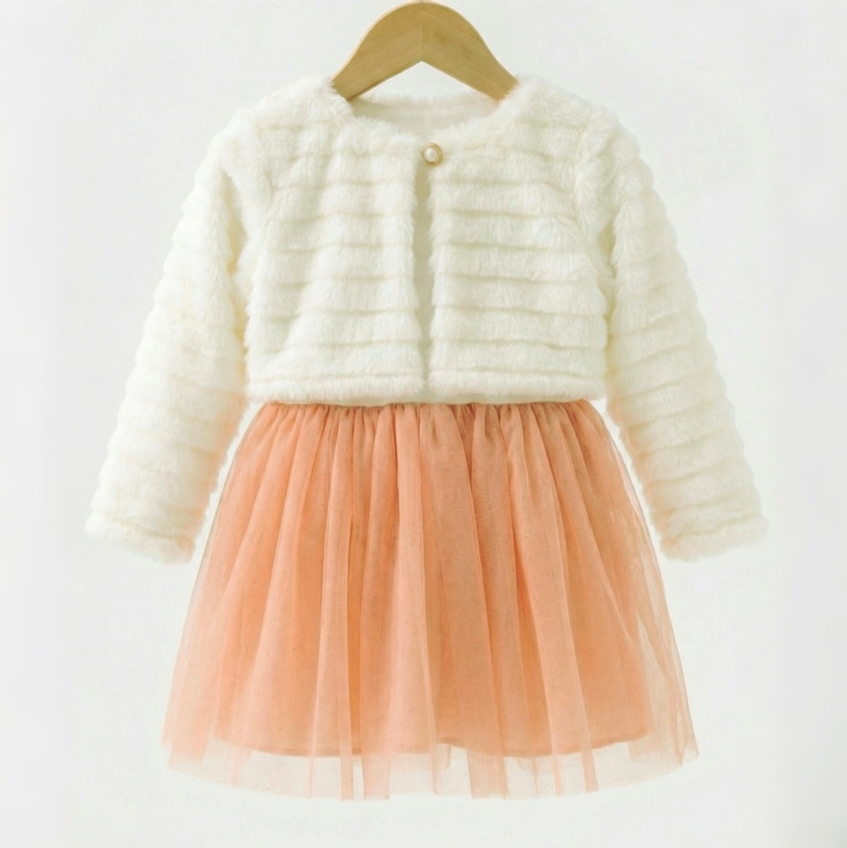 White Faux Fur & Peach Tulle Baby Dress – Long Sleeve Special Occasion Outfit
