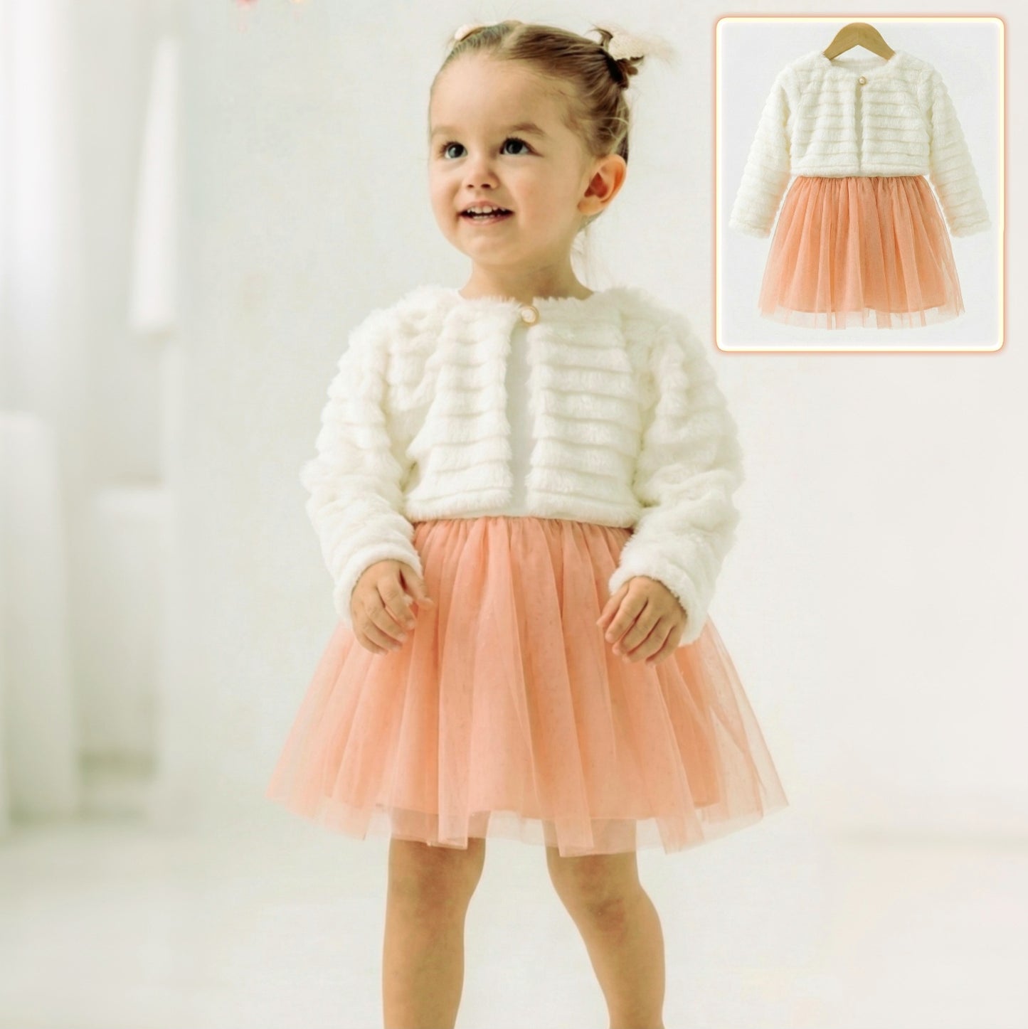 White Faux Fur & Peach Tulle Baby Dress – Long Sleeve Special Occasion Outfit