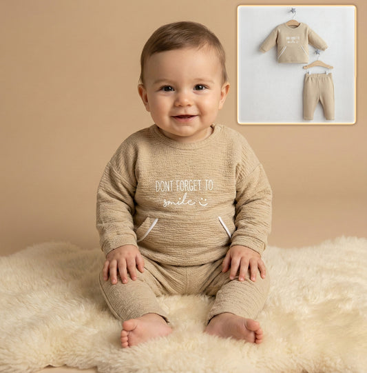 Beige Toddler Outfit – 2-Piece Set with “Don’t Forget to Smile” Top & Pants