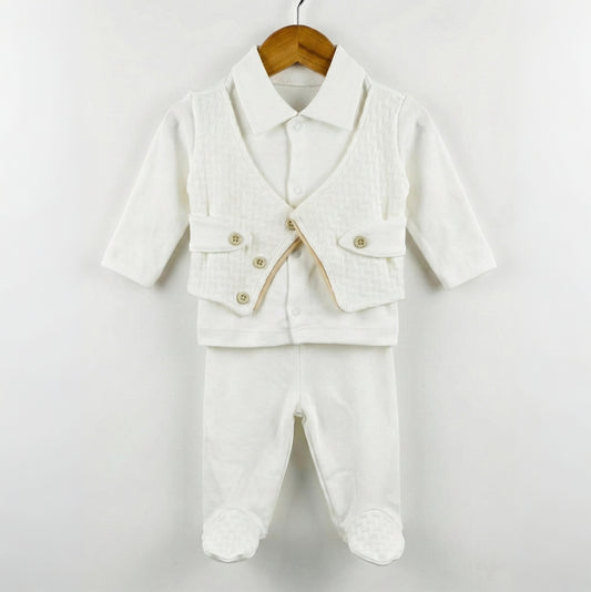 White Formal Baby One-Piece – Textured Vest Design with Footed Pants & Decorative Buttons