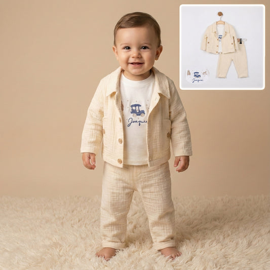 Cream Textured Toddler Outfit – 3-Piece Set with Jacket, Pants & Graphic Tee
