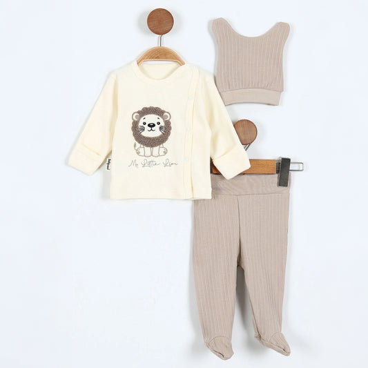 My Little Lion Baby Outfit – 3-Piece Set with Printed Shirt, Ribbed Pants & Vest