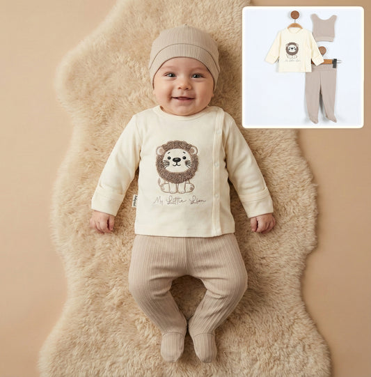 My Little Lion Baby Outfit – 3-Piece Set with Printed Shirt, Ribbed Pants & Vest