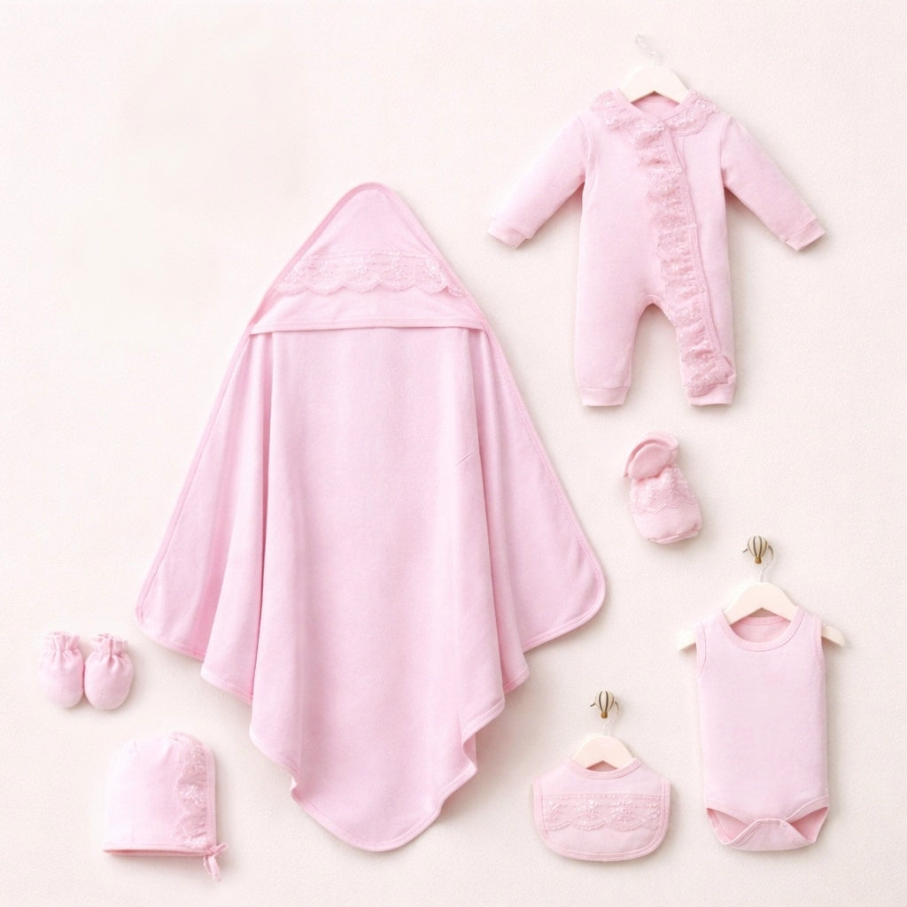 Pink Newborn Baby Girl Set – 7-Piece Outfit with Lace Blanket & Accessories