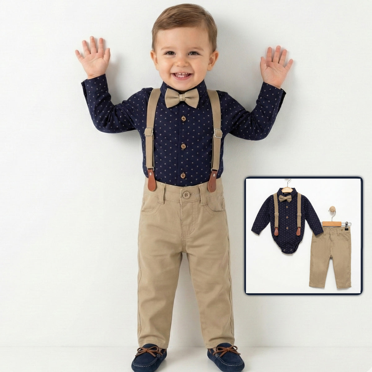 Navy Dot Bodysuit & Beige Pants Set