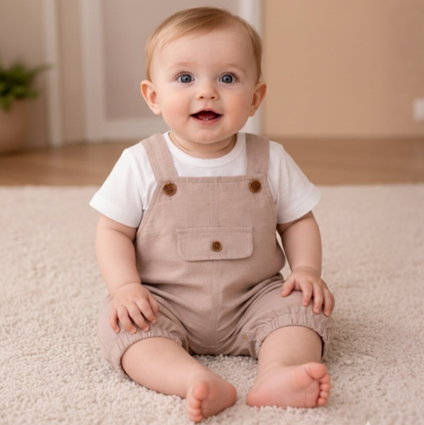 Beige Buttoned Charm – Baby Boy Romper