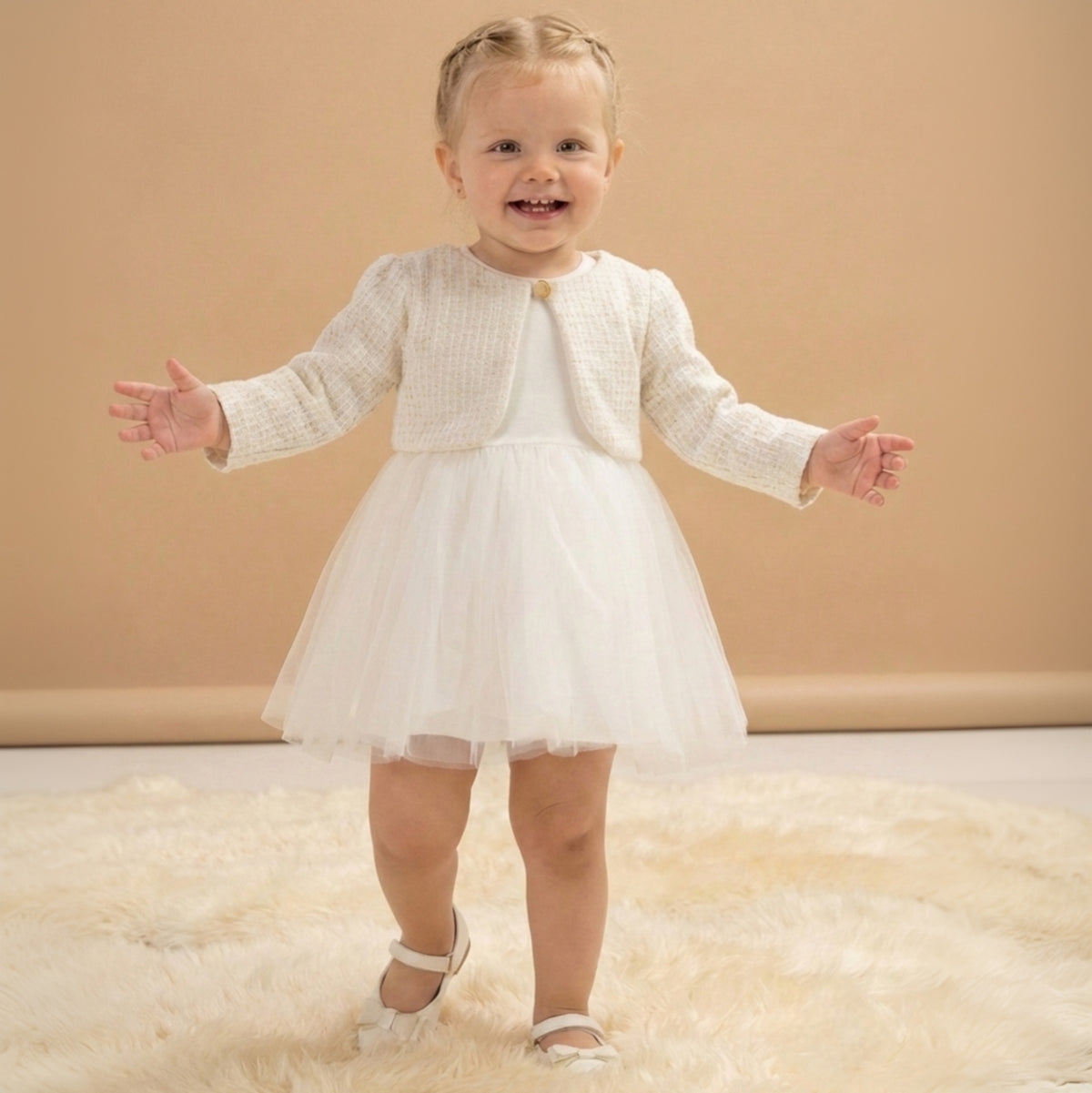 White Baby Girl Dress – Textured Cardigan Top with Layered Tulle Skirt for Special Occasions