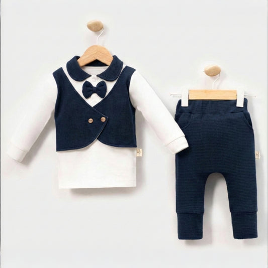 Navy Baby Boy Formal Outfit – 3-Piece Set with Vest-Shirt, Bow Tie & Pants