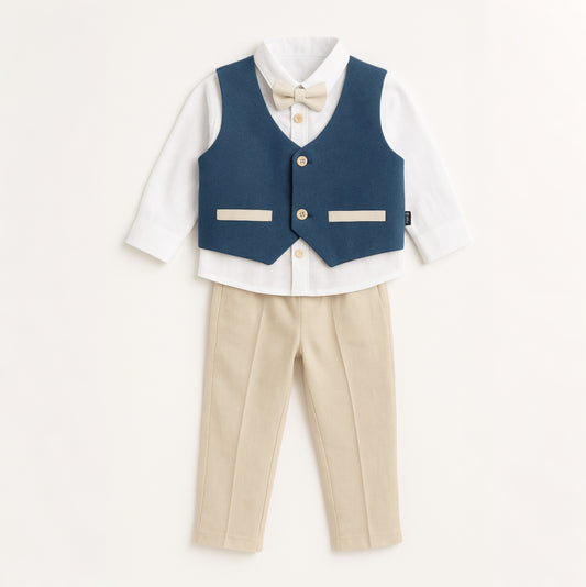 Blue & Beige Toddler Formal Outfit – 4-Piece Set