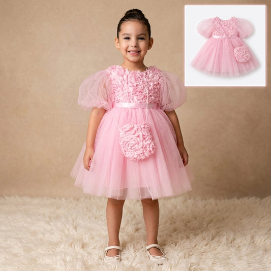 Pink Baby Girl Rosette Dress with Cross-bag – Tulle & Purse Set