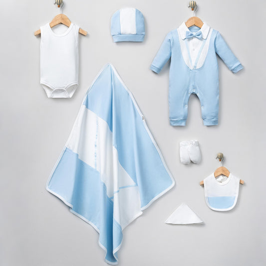 Light Blue Newborn Outfit 7 Pcs Set – Romper, Hat & Blank