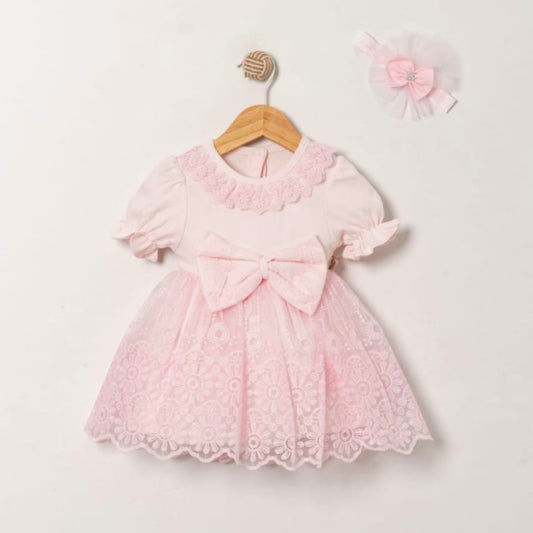 Pink Baby Girl Lace Dress – Bow & Headband Set
