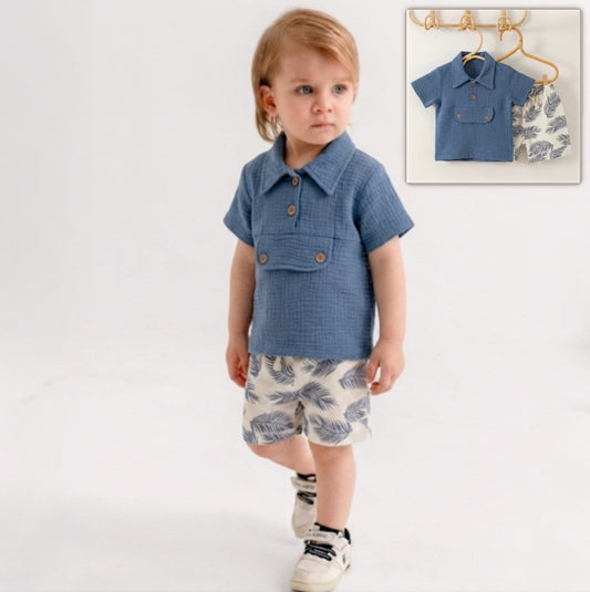 “Seaside Breeze” Baby Summer Set – Textured Shirt & Leaf Shorts