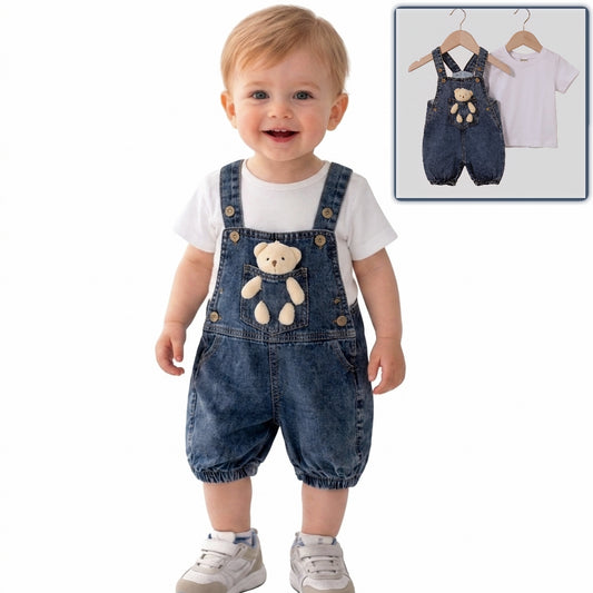 “Bear Tales” Baby Overall Set – Denim & Tee with Plush Friend