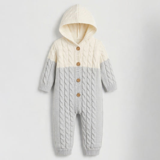 The Lucas Cable-Knit Hooded Jumpsuit – Light Gray & Cream
