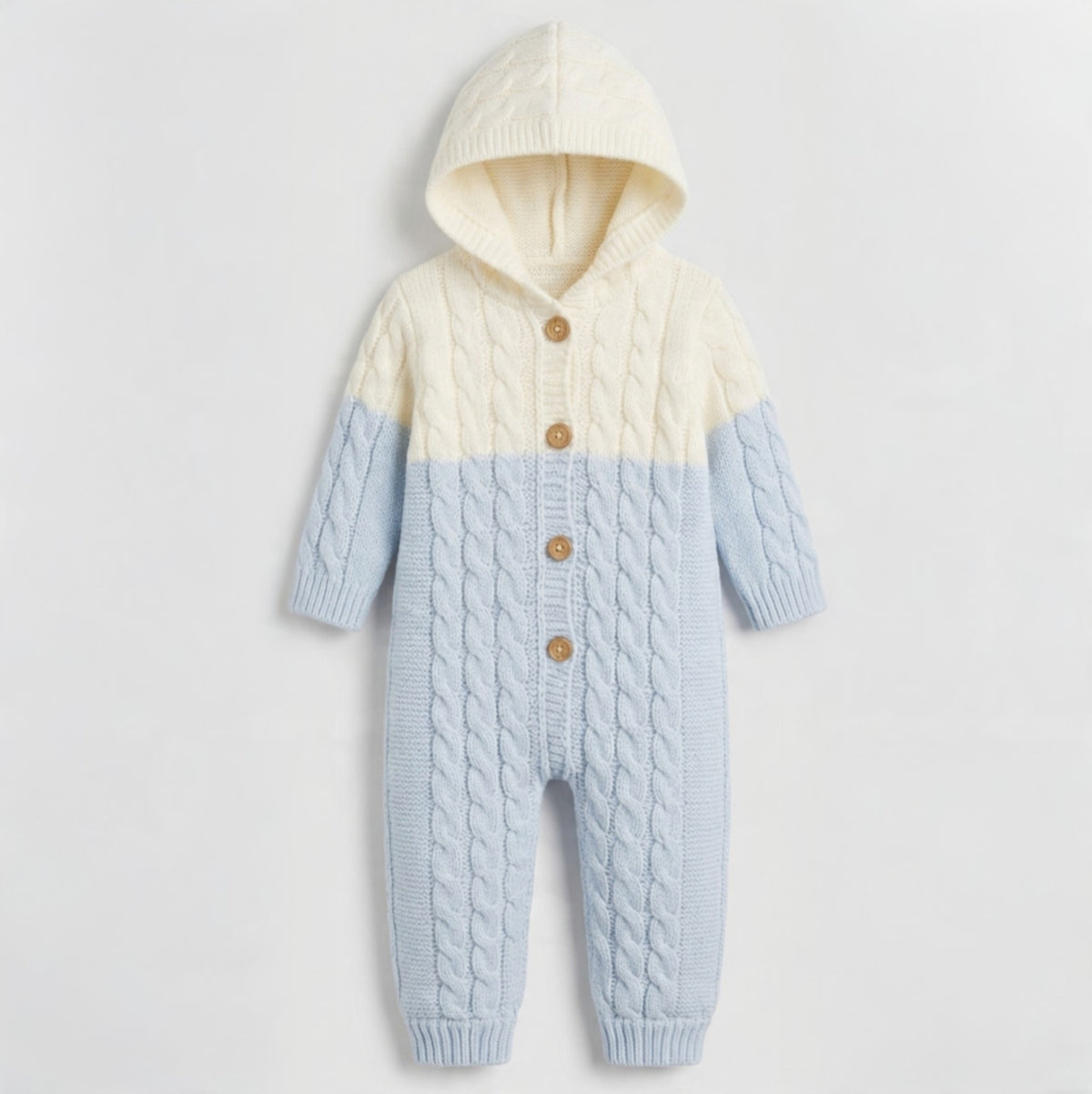 The Liam Cable-Knit Hooded Jumpsuit – Light Blue & Cream
