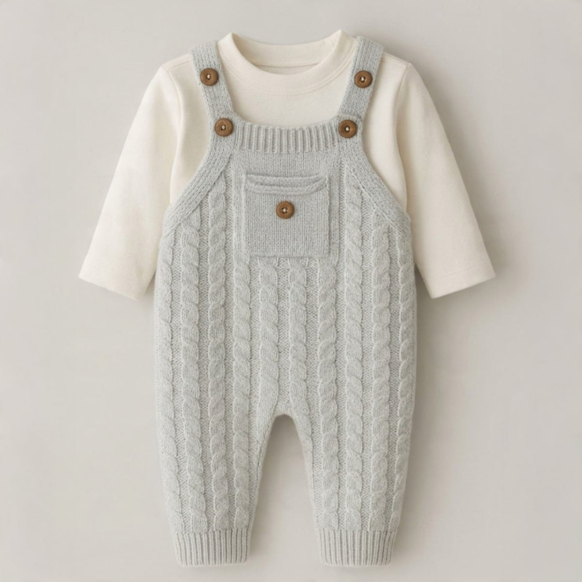The Julian Cable-Knit Overall Romper Set – Light Gray