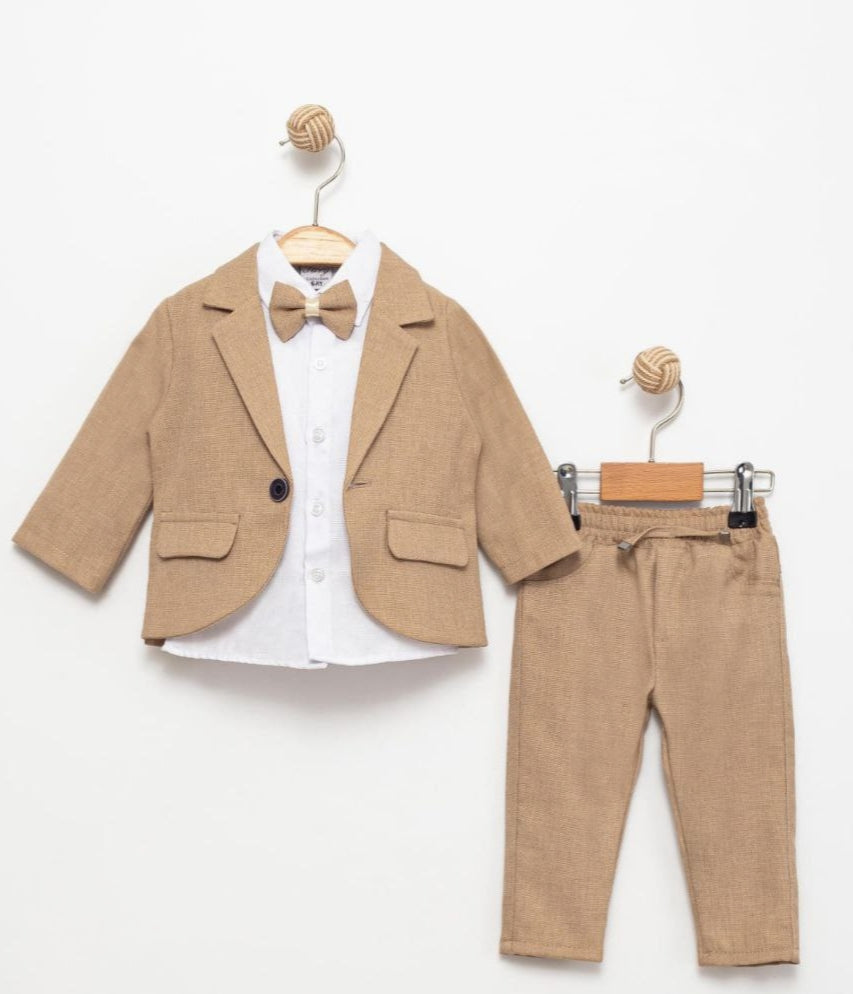 Beige Baby Boy Formal Suit – 4-Piece Set with Blazer, Shirt, Pants & Bow Tie