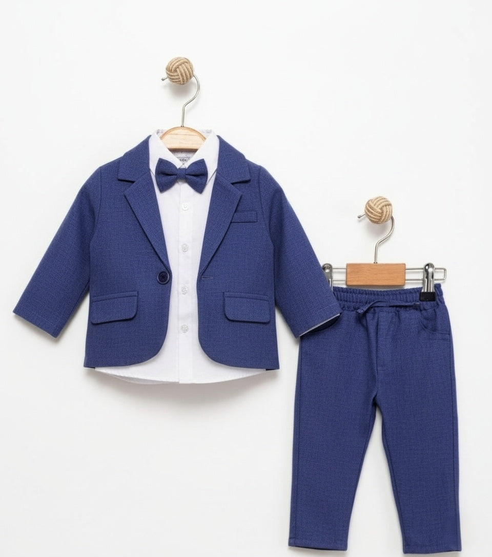 Blue Baby Boy Formal Suit – 4-Piece Set with Blazer, Shirt, Pants & Bow Tie