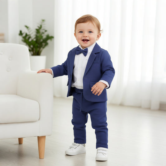 Blue Baby Boy Formal Suit – 4-Piece Set with Blazer, Shirt, Pants & Bow Tie