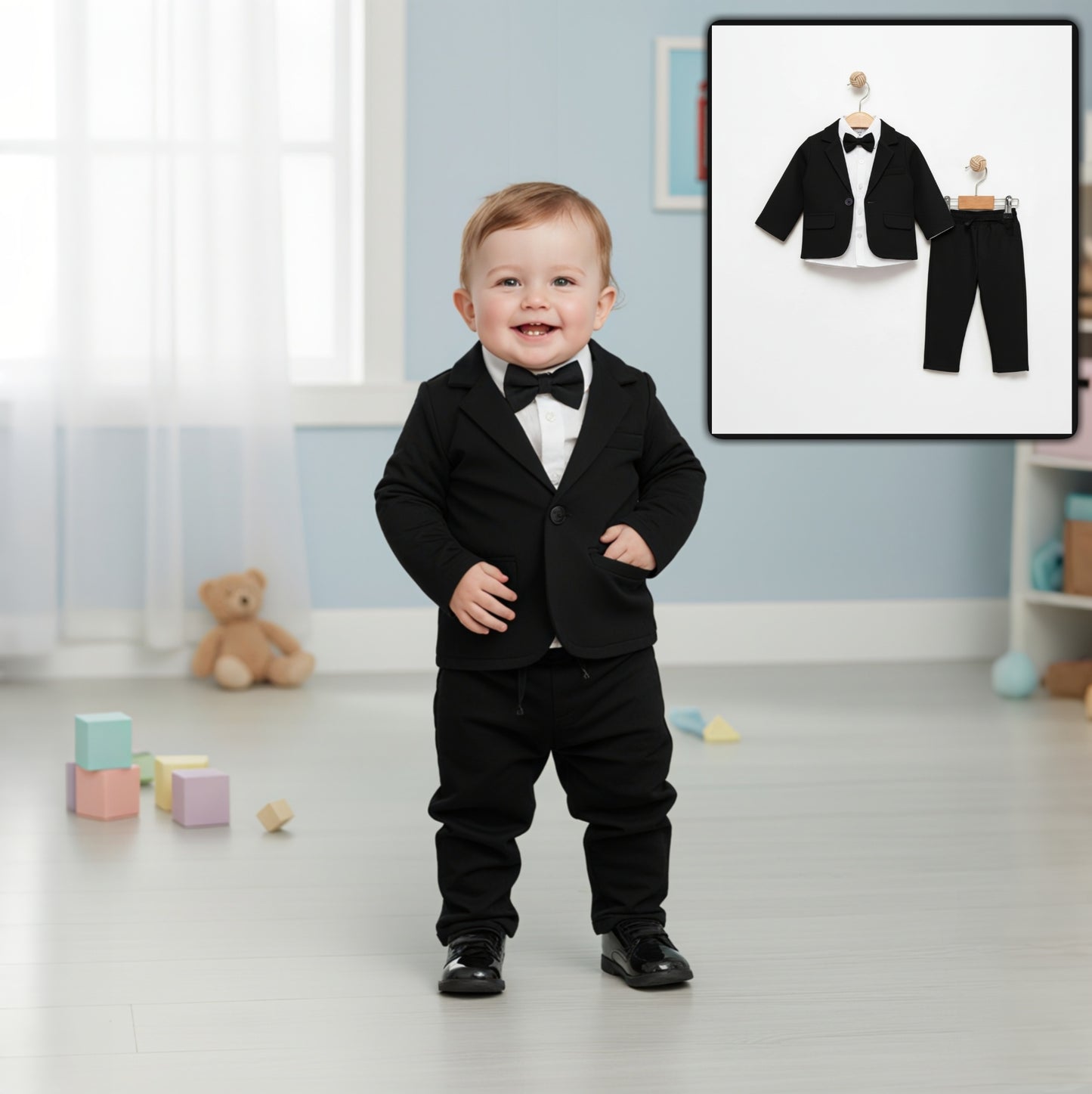 Black Baby Boy Formal Suit – 4-Piece Set with Blazer, Shirt, Pants & Bow Tie
