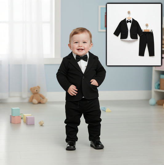 Black Baby Boy Formal Suit – 4-Piece Set with Blazer, Shirt, Pants & Bow Tie