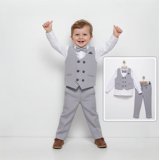 Gray Boys Formal Suit – 4-Piece Set with Gilet, Shirt, Pants & Bow Tie