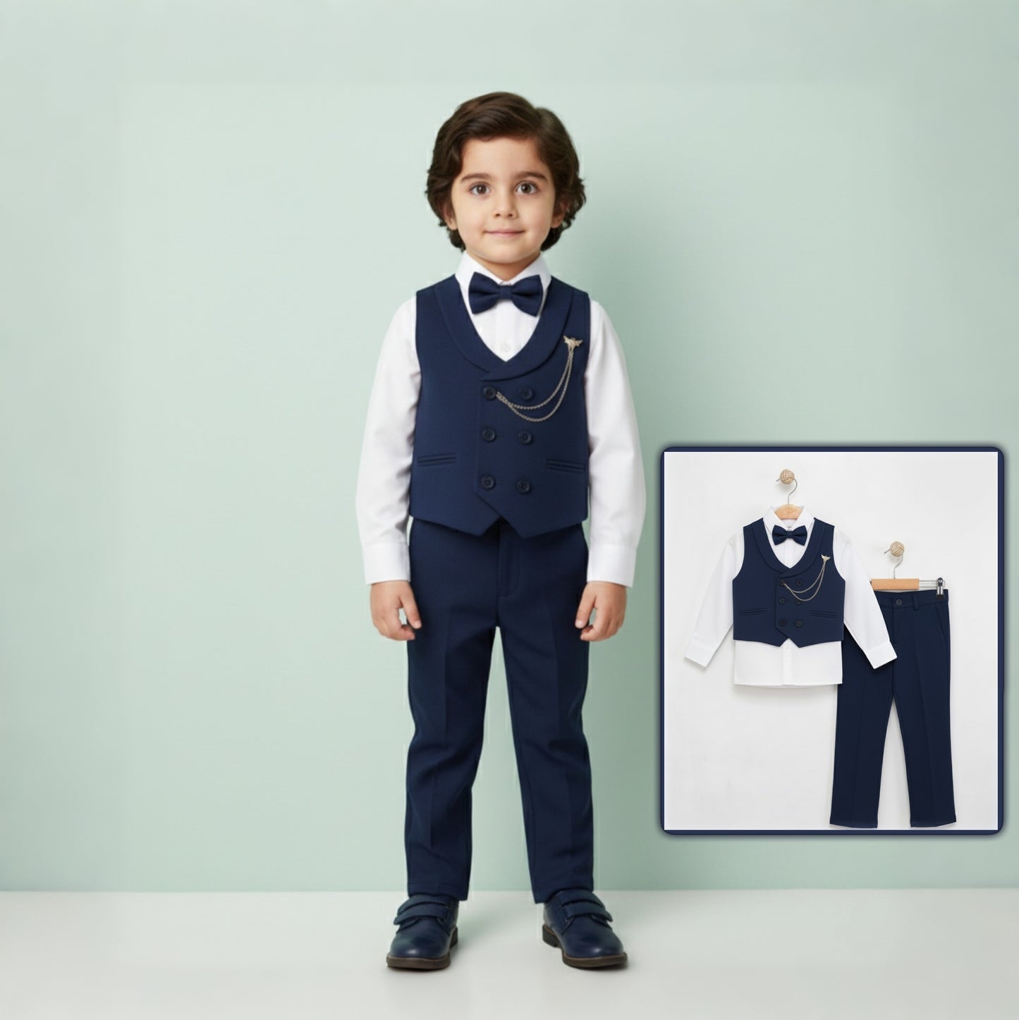 Navy Boys Tuxedo Formal Suit – 4-Piece Set with Gilet, Shirt, Pants & Bow Tie