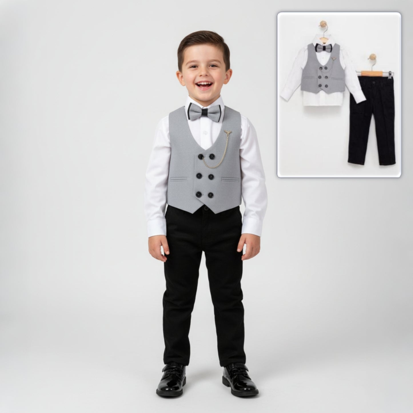 Boys Formal Suit – 4-Piece Set with Gray Gilet, Shirt, Pants & Bow Tie