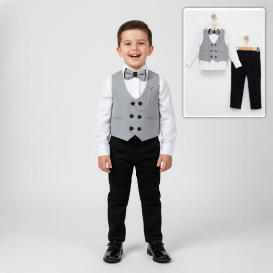Boys Formal Suit – 4-Piece Set with Gray Gilet, Shirt, Pants & Bow Tie