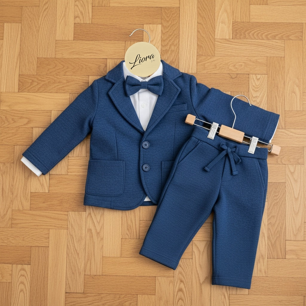 Blue Baby Boy Formal Suit – 4-Piece Set with Blazer, Shirt, Pants & Bow Tie